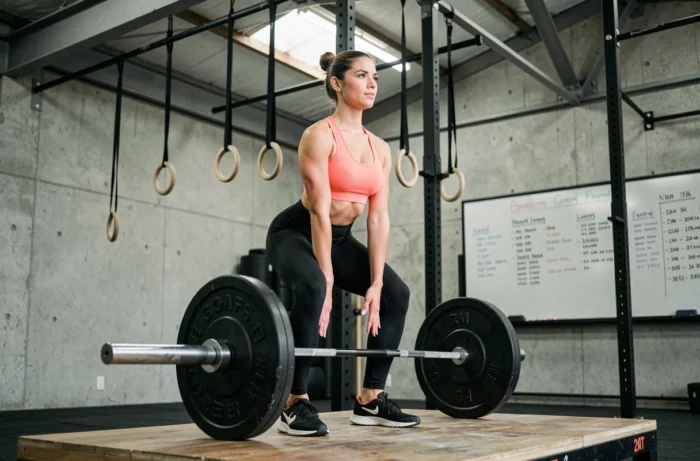 Femme réalisant un soulevé de terre dans une salle de sport style CrossFit dans le cadre d'un entraînement full body