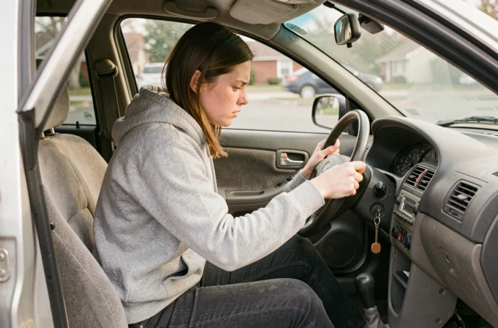 Femme tentant de démarrer sa voiture avec un démarreur défectueux en tournant la clé de contact