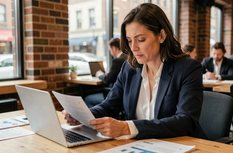 Femme entrepreneur étudiant des documents financiers pour financer son projet dans un espace de coworking moderne