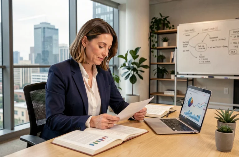 Femme entrepreneur consultant des ressources business stratégiques dans un bureau moderne