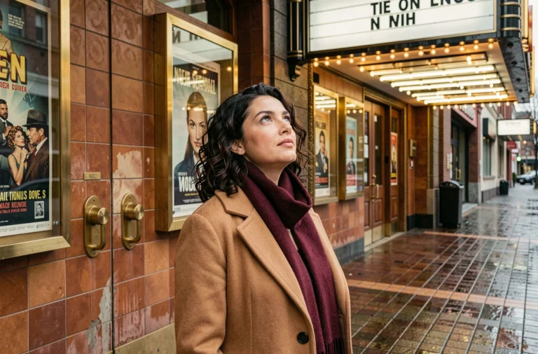 Femme devant une façade de cinéma art-déco avec des affiches de films vintage, évoquant la passion du cinéma et ses tendances actuelles