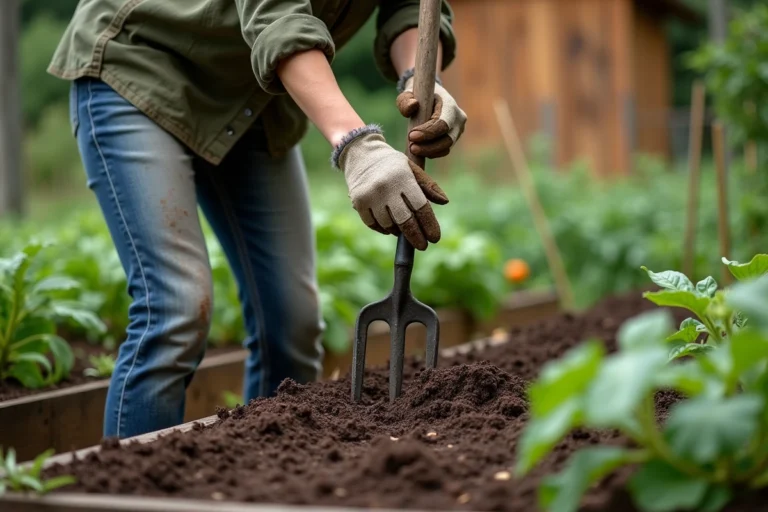 Femme utilisant une grelinette pour aérer la terre d'un potager biologique avec des légumes en arrière-plan