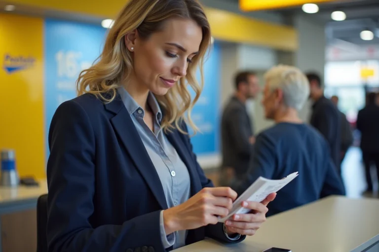 Femme consultant un reçu de virement à un guichet de La Banque Postale avec son smartphone à la main