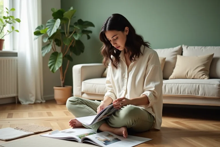 Jeune femme feuilletant des magazines de décoration intérieure entourée d'échantillons de tissu sur un parquet en chêne dans un salon de style parisien