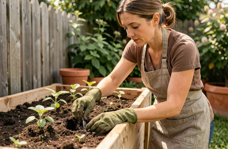 Femme jardinant dans un potager surélevé en bois, plantant des jeunes pousses avec des gants de jardinage verts