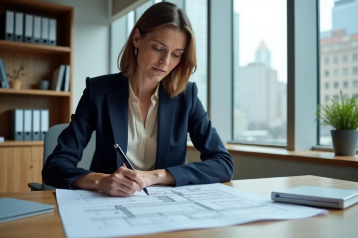 Femme professionnelle analysant des documents immobiliers dans un bureau moderne avec vue sur la ville