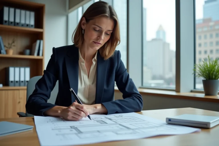 Femme professionnelle analysant des documents immobiliers dans un bureau moderne avec vue sur la ville