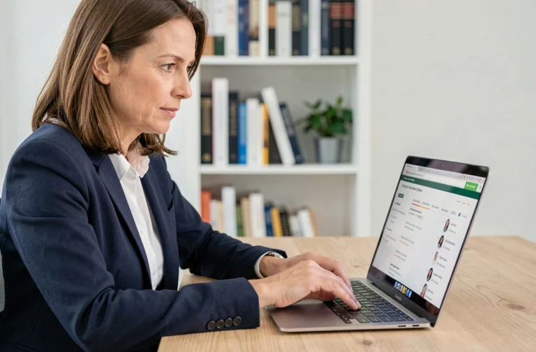 Femme professionnelle cherchant des annonces emploi sur son ordinateur portable dans un bureau à domicile organisé