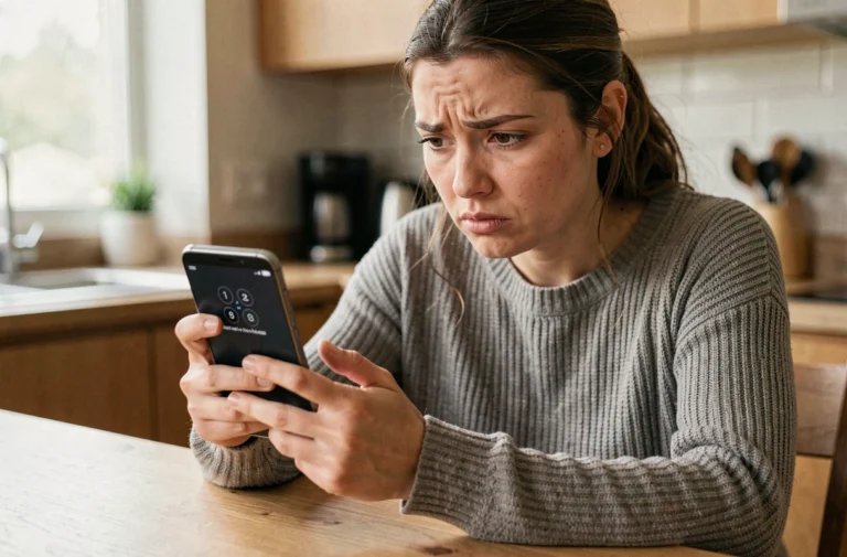 Femme tenant un smartphone Samsung affichant un schéma de déverrouillage avec message d'erreur
