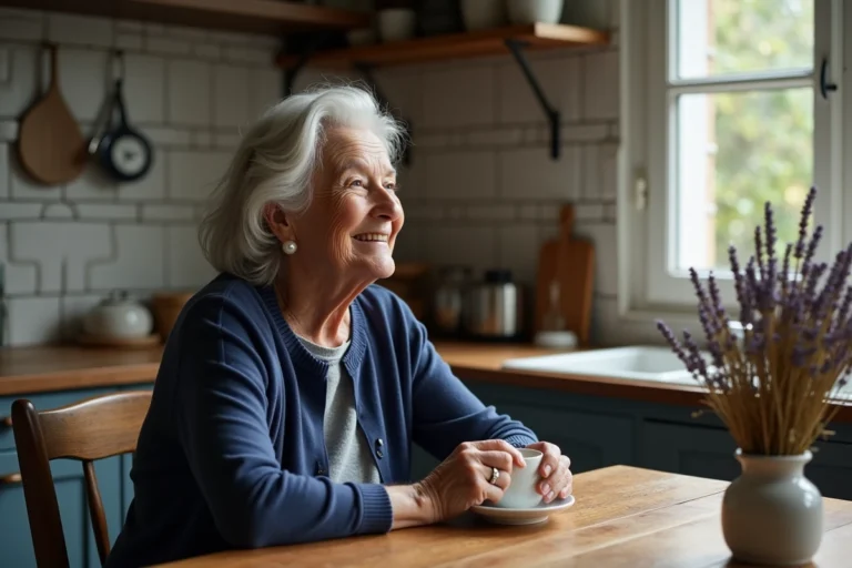 Femme de 70 ans souriante assise dans une cuisine chaleureuse tenant une tasse de thé