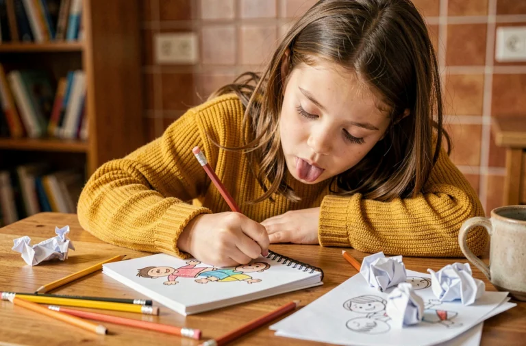 Jeune fille concentrée dessinant des personnages dans un carnet sur une table en bois entourée de crayons colorés