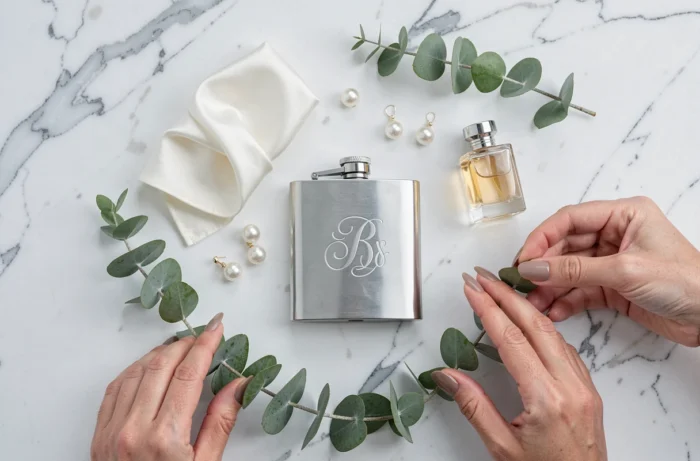 Flat lay de mariage avec flask monogrammé en argent, soie ivoire et accessoires de mariée sur marbre blanc, tendance broc shot inspirée de Kim Kardashian