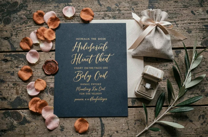 Flat lay de faire-part de mariage manuscrits, pétales séchés, ruban en lin et alliance en diamant sur une table en chêne brut pour une décoration de mariage élégante