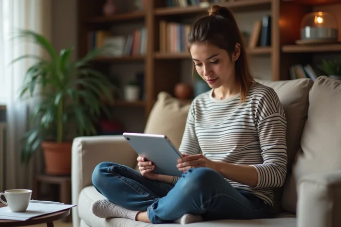 Jeune femme remplissant un formulaire de visa français en ligne sur une tablette chez elle