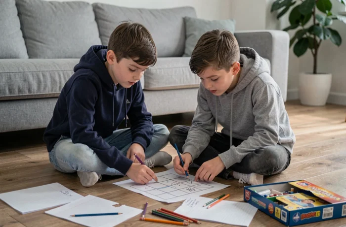 Deux garçons jouant ensemble à un jeu de papier et crayon sur le sol d'un salon moderne