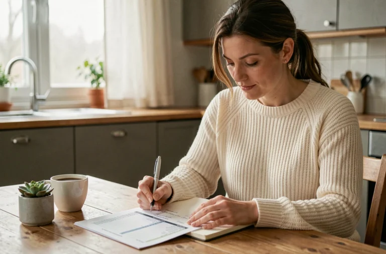 Femme gérant son budget personnel à la table de cuisine avec un carnet de notes et une feuille de calcul imprimée