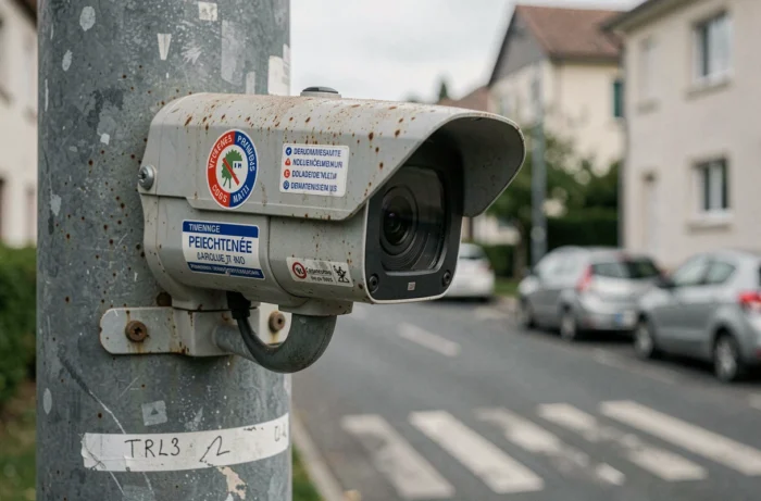 Gros plan sur un boîtier de radar de feu rouge fixé sur un poteau métallique en zone périurbaine française