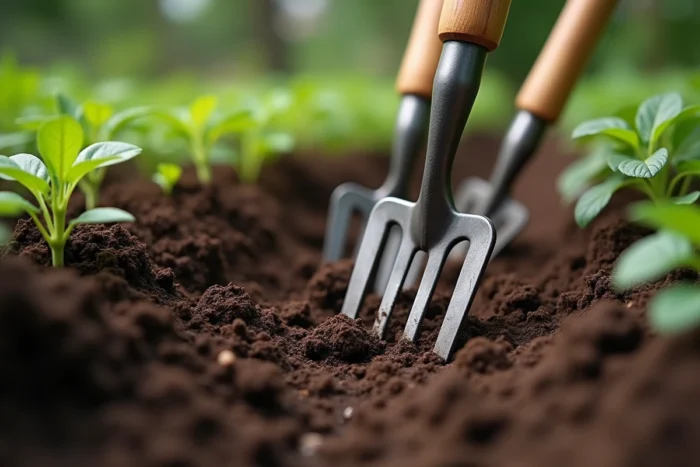 Gros plan d'une grelinette aux dents plantées dans un sol riche et non retourné au cœur d'un potager biologique