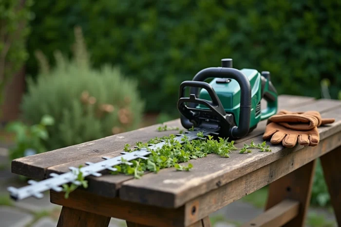 Gros plan d'un taille-haie télescopique posé sur un établi en bois avec des gants de jardinage et des résidus de taille verts
