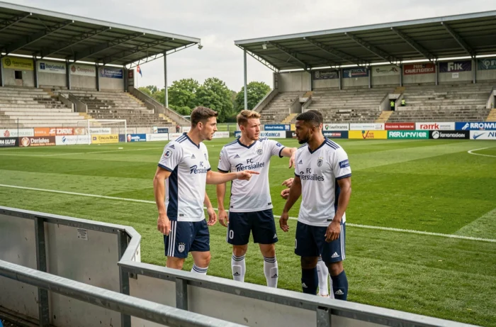 Groupe de joueurs du FC Versailles discutant de tactique en bord de terrain pendant la saison National 2026