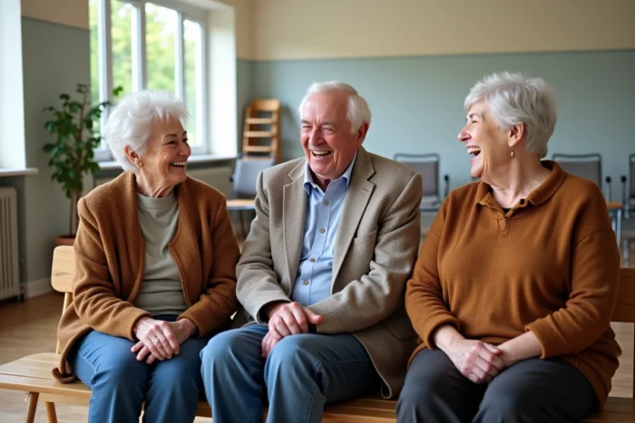 Groupe de trois personnes de 70 ans discutant joyeusement dans une salle communautaire