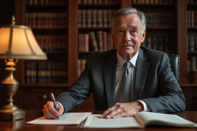 Homme en costume sombre consultant des documents juridiques sur un bureau en acajou dans un cabinet d'avocat classique, illustrant la gestion d'un héritage familial