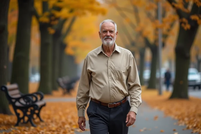 Homme septuagénaire marchant dans un parc en automne avec des feuilles dorées au sol