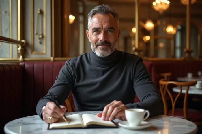 Homme d'affaires travaillant seul dans une brasserie parisienne de style Belle Époque