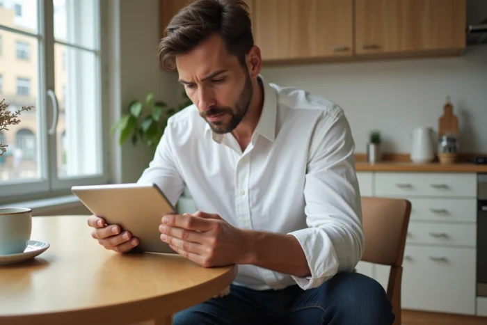 Homme vérifiant la disponibilité d'un virement en attente sur une application bancaire mobile chez lui