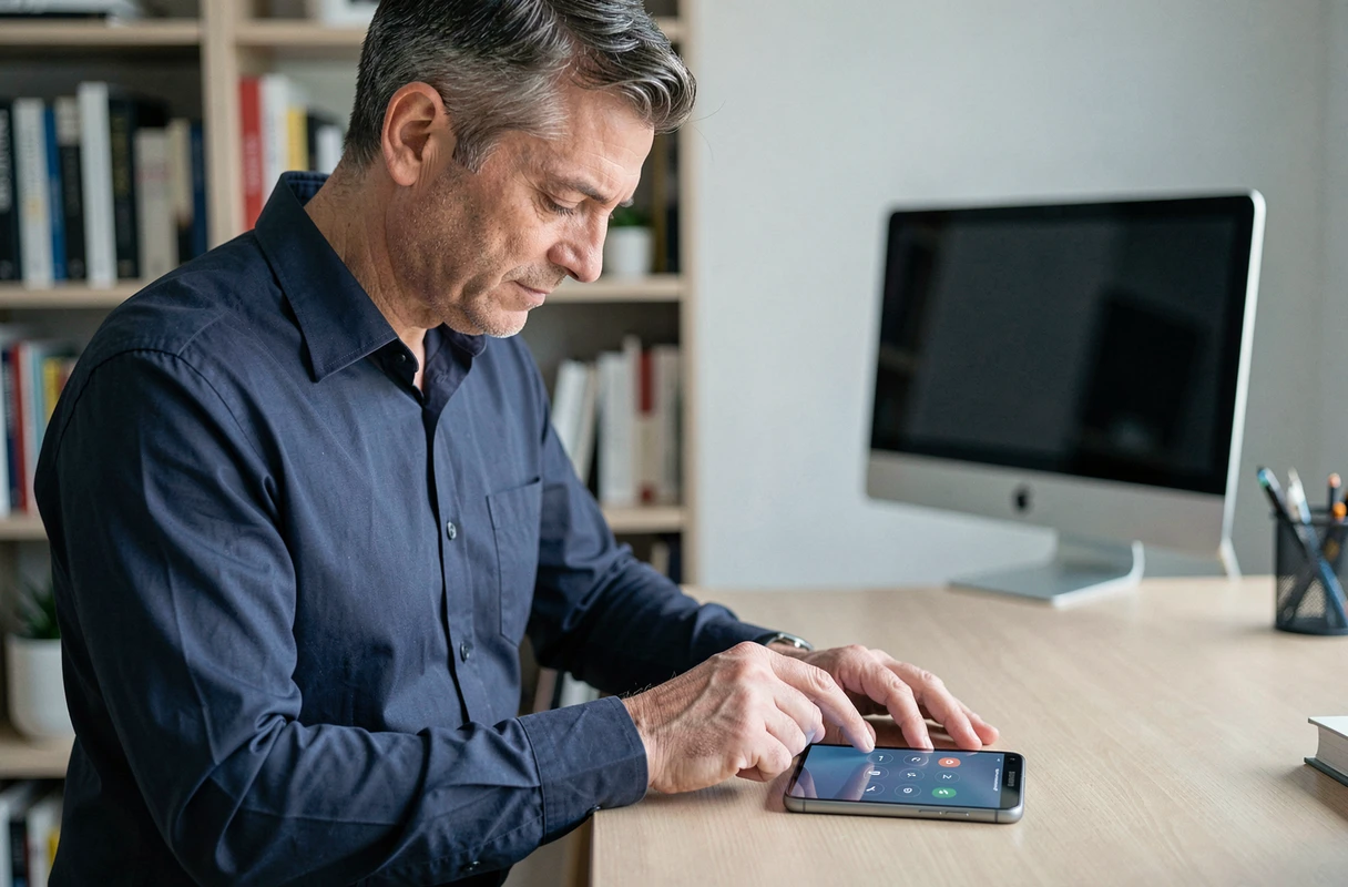 Homme devant un bureau tentant de déverrouiller son téléphone Samsung Galaxy verrouillé