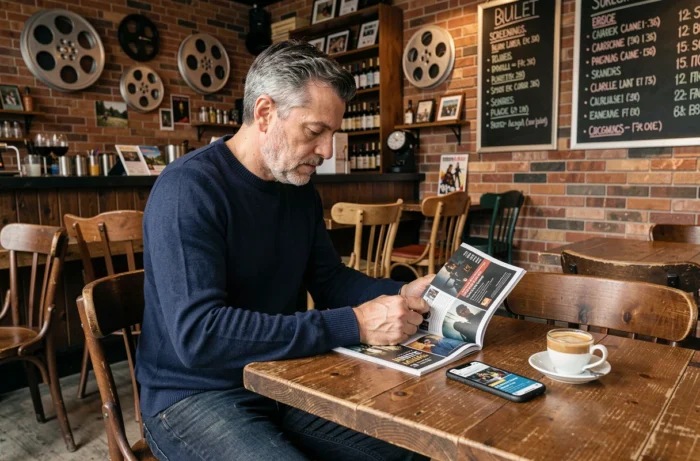 Homme dans un café-cinéma indépendant lisant un magazine de cinéma et consultant les actualités et tendances du 7ème art sur son téléphone