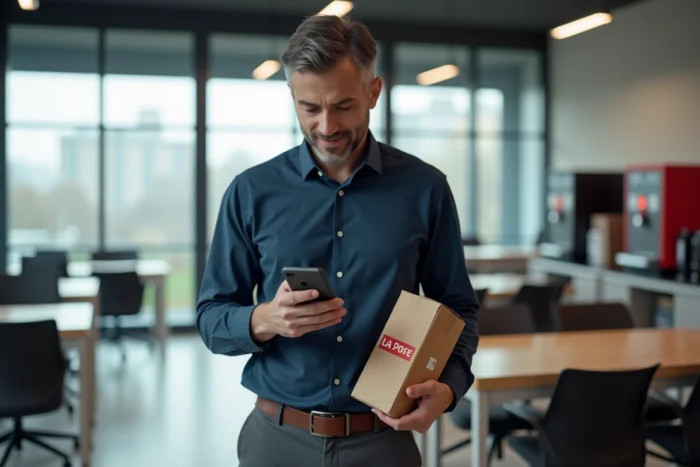 Homme vérifiant une commande vestimentaire La Poste sur mobile en milieu professionnel