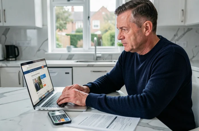 Homme comparant des offres d'assurance de prêt immobilier en ligne depuis sa cuisine