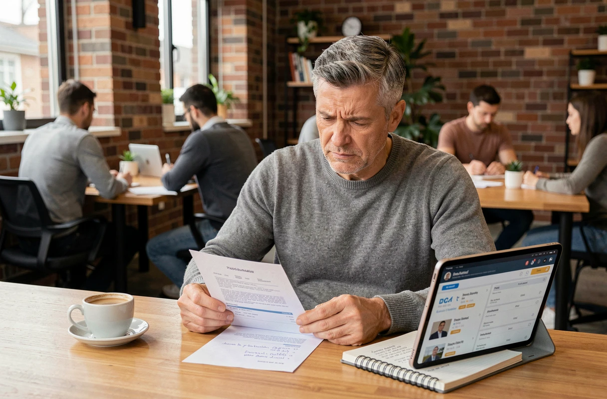 Homme professionnel consultant son CV et un tableau d'offres d'emploi sur tablette dans un espace de coworking