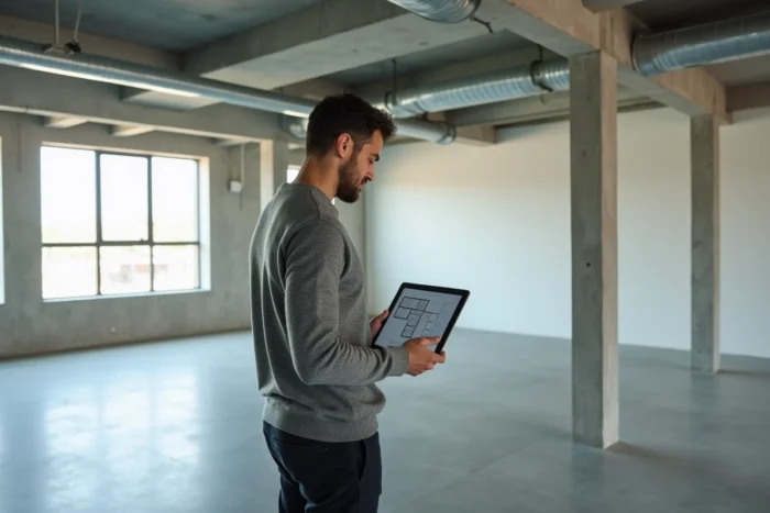 Homme évaluant un appartement industriel vide avec tablette et plans architecturaux à la main