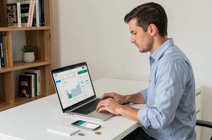 Homme consultant un tableau de bord de finances personnelles sur ordinateur portable dans un bureau à domicile moderne
