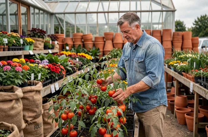 Homme examinant de nouvelles variétés de plants de tomates dans un marché de jardinerie en plein air