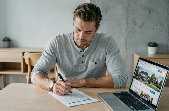 Homme lisant attentivement un contrat immobilier annoté à son bureau dans un appartement au style scandinave