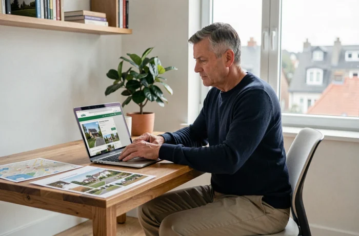 Homme recherchant des biens immobiliers sur un ordinateur portable dans un bureau moderne à domicile