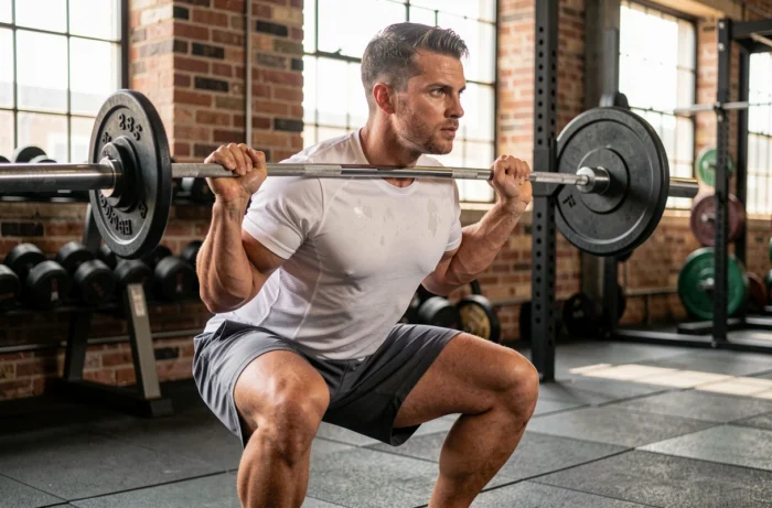 Homme musclé effectuant un squat avec barre dans une salle de musculation équipée pour un programme full body