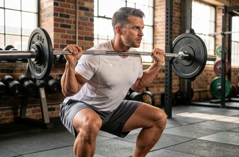 Homme musclé effectuant un squat avec barre dans une salle de musculation équipée pour un programme full body