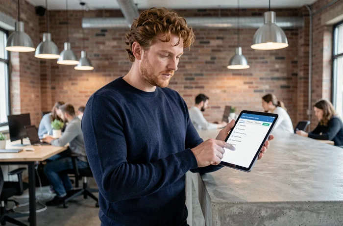 Homme consultant le plan de navigation du site Ludivine Passion sur une tablette dans un espace de coworking