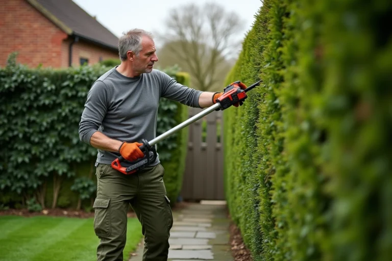 Homme utilisant un taille-haie télescopique pour tailler une haute haie de buis dans un jardin résidentiel bien entretenu