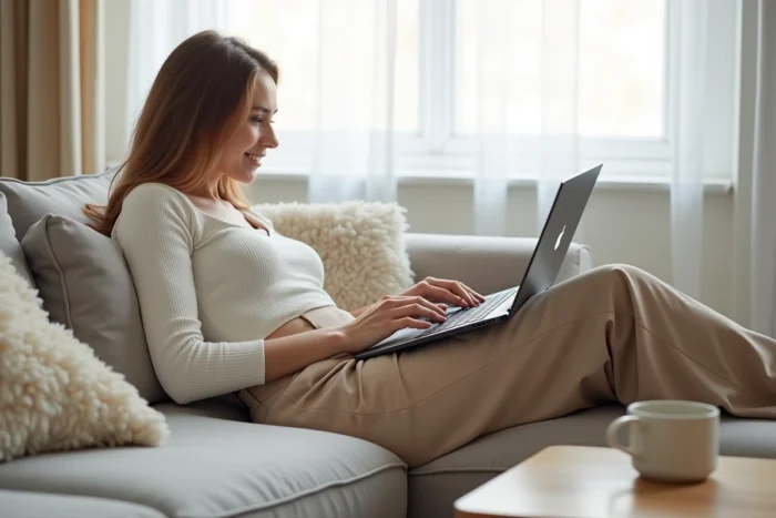Jeune femme détendue sur un canapé parcourant les nouveautés du blog Humeurs de Gloupsy Chérie sur son laptop