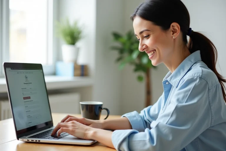 Femme inscrivant ses informations sur une plateforme web depuis un bureau à domicile bien organisé
