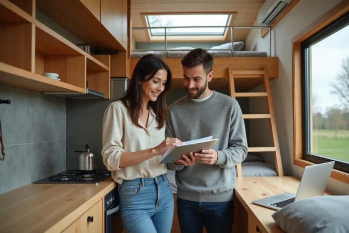 Couple découvrant l'intérieur aménagé d'une tiny house avec rangements intégrés et mezzanine