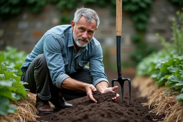 Jardinier inspectant un vers de terre dans le sol fertile retourné à la grelinette dans un potager respectueux de l'environnement