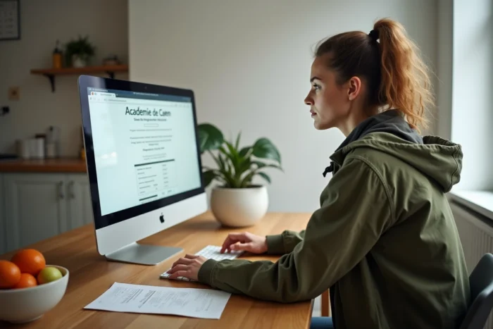 Jeune enseignante accédant au webmail de l'académie de Caen depuis son domicile avec un guide imprimé