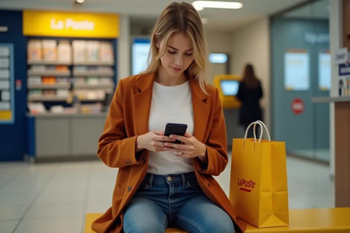 Jeune femme consultant ses commandes habillement La Poste sur smartphone dans une agence postale