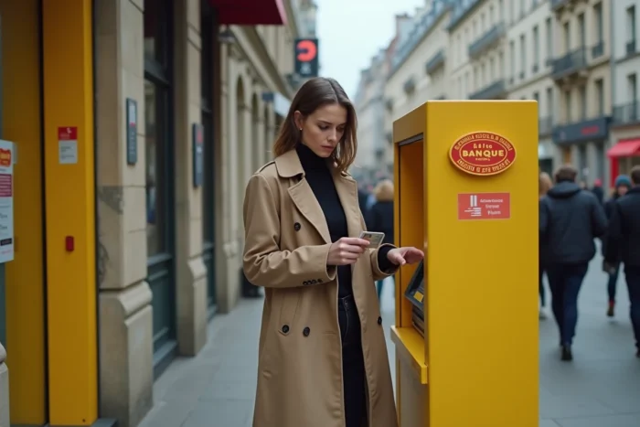 Jeune femme utilisant un distributeur automatique de La Banque Postale en milieu urbain pour vérifier son solde